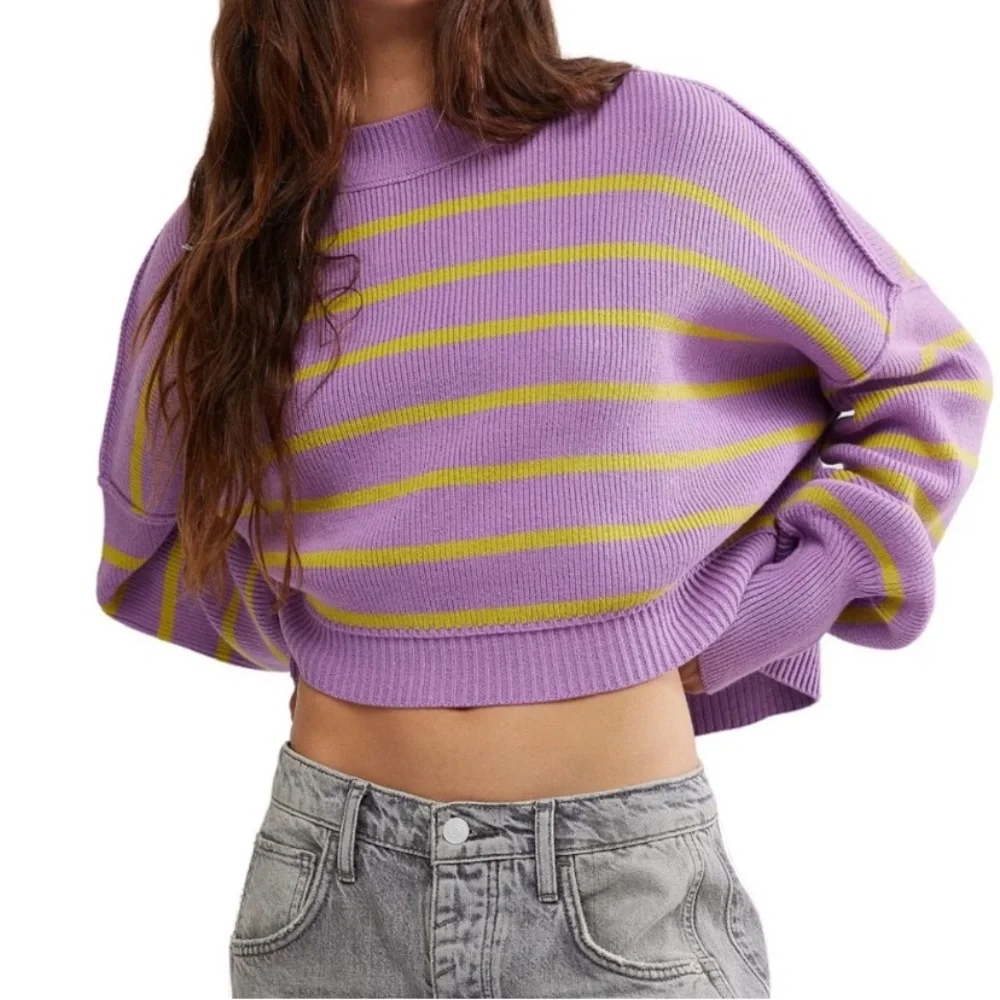NWT Free People‎ Easy Street Stripe Print Mock Neck Long Sleeve Cropped Pullover